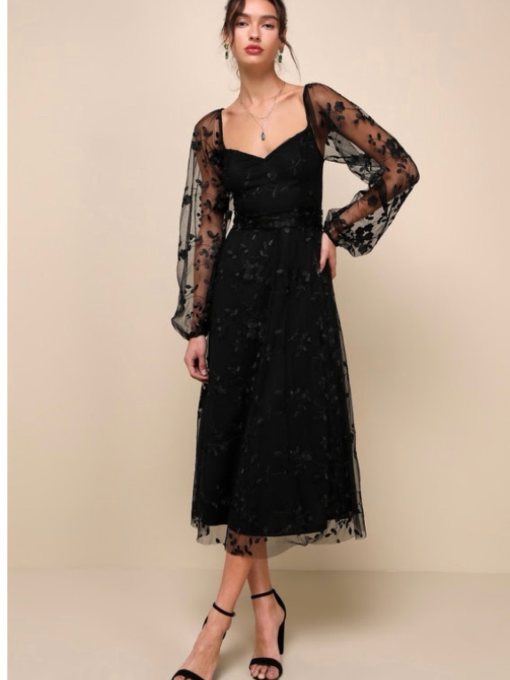 Lulu's Black Floral-Embroidered Midi Dress